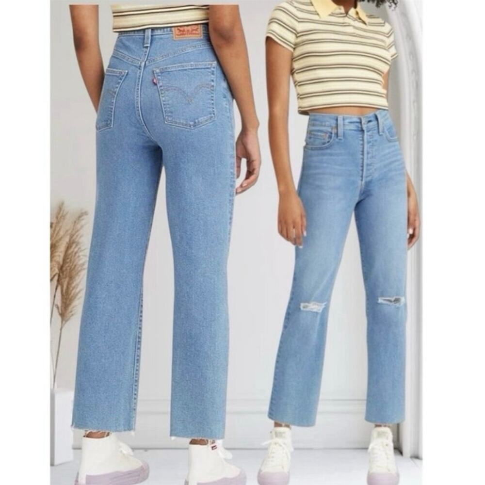 Levi's Ribcage Straight Ankle High-Rise Raw Hem Stretch Blue Jeans Women's Sz 32